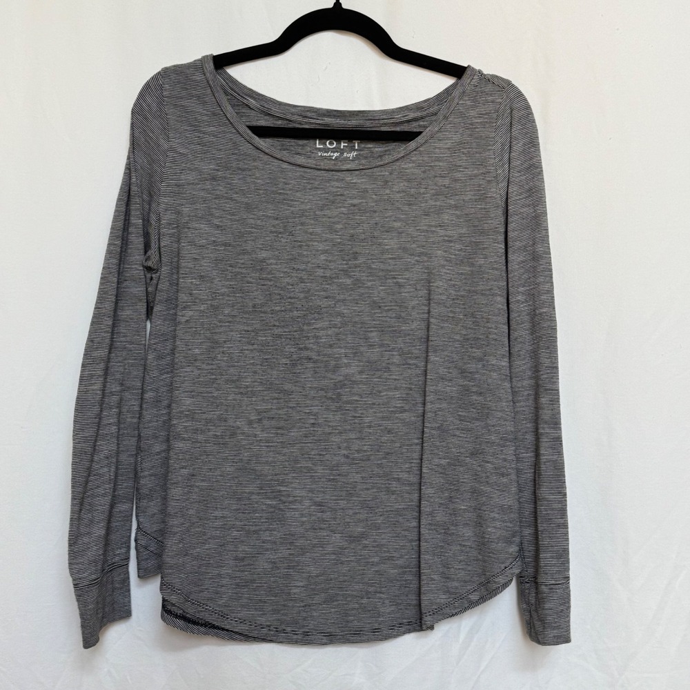 LOFT Vintage Soft Striped Long Sleeve Scoop Neck Top Grey White Womens Medium